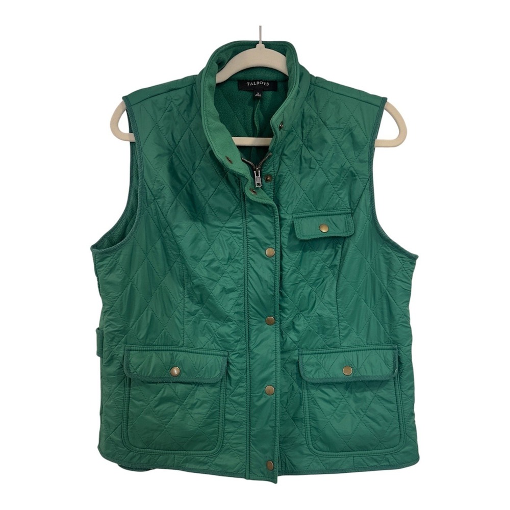 Talbots Womens Green Quilted Fleece Lined Puffer Vest Size L VN300 Zip & Snap